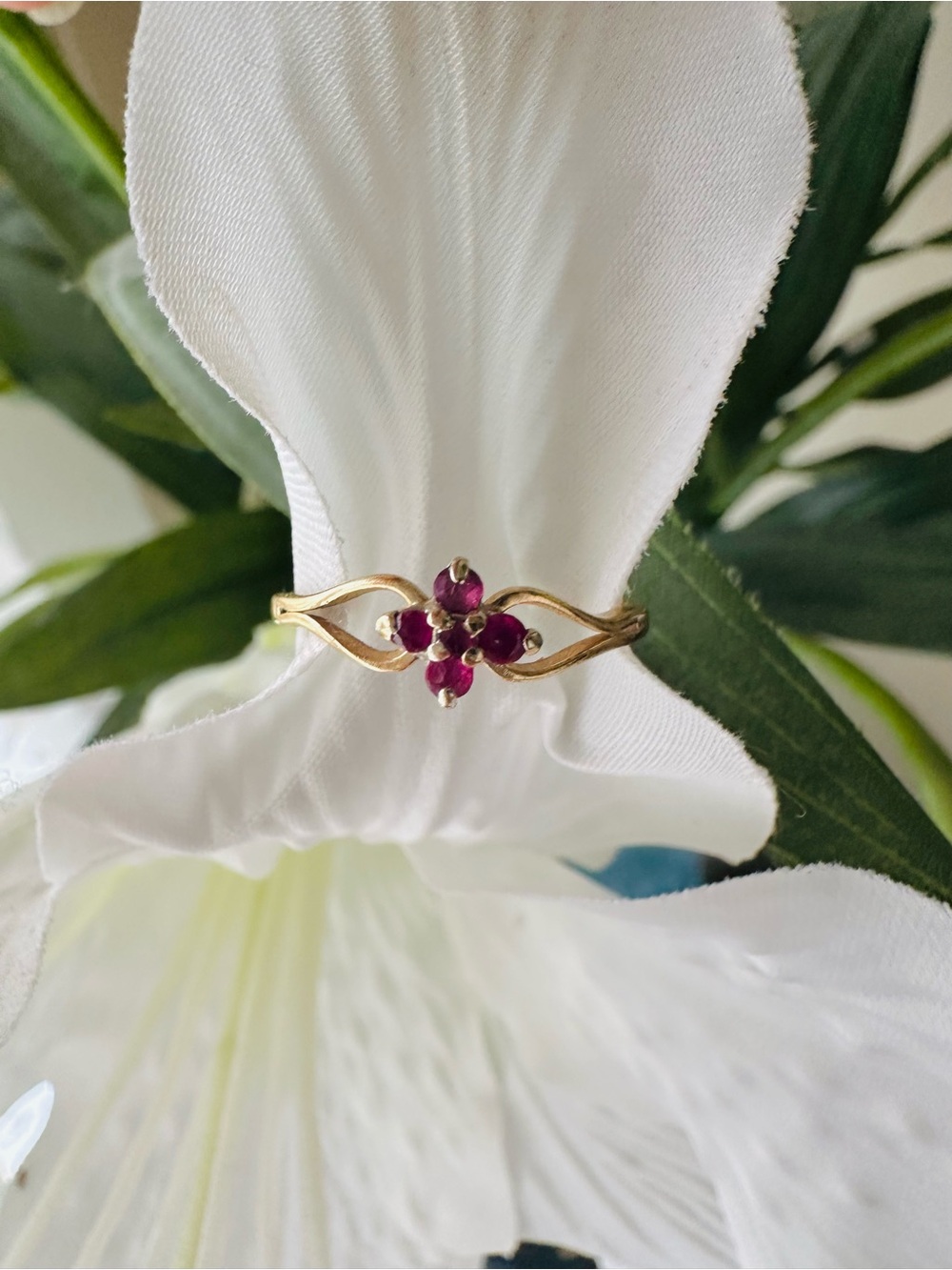 14K Solid Gold Floral Natural Ruby Accent Ring - Women Jewelry